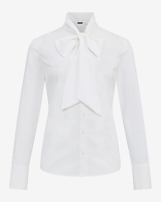 Stretch Cotton Poplin Tie Neck Essential Shirt