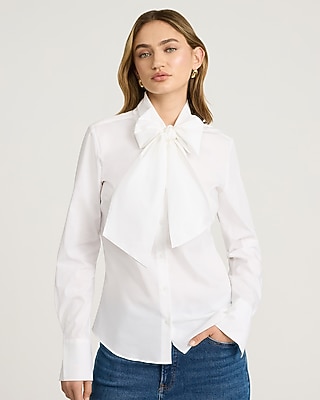 Stretch Cotton Poplin Tie Neck Essential Shirt