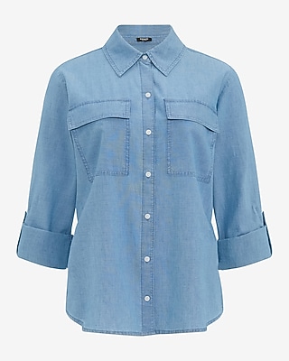Denim Double Flap Pocket Rolled Sleeve Utility Portofino Shirt