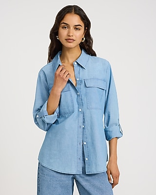 Denim Double Flap Pocket Rolled Sleeve Utility Portofino Shirt