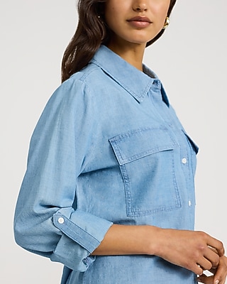 Denim Double Flap Pocket Rolled Sleeve Utility Portofino Shirt