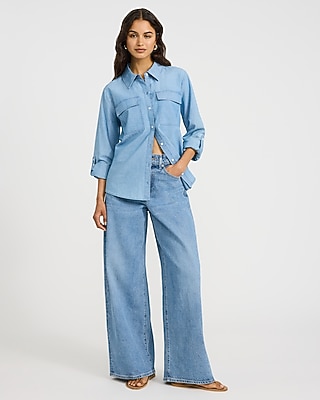 Denim Double Flap Pocket Rolled Sleeve Utility Portofino Shirt