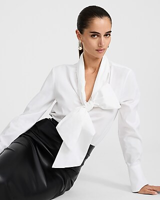 Stretch Cotton Poplin Drop Tie Neck Oversized Shirt