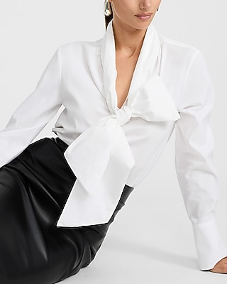 Stretch Cotton Poplin Drop Tie Neck Oversized Shirt