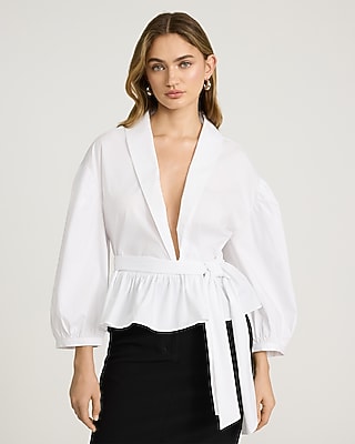 Stretch Cotton Poplin Tie Waist Peplum Top