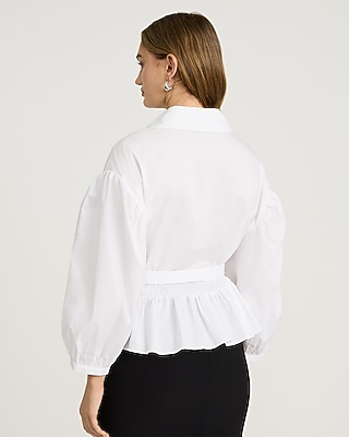 Stretch Cotton Poplin Tie Waist Peplum Top