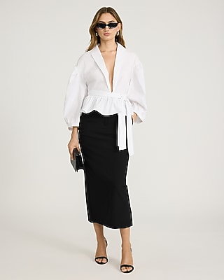 Stretch Cotton Poplin Tie Waist Peplum Top