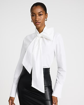 Stretch Cotton Poplin Oversized Tie Neck Shirt