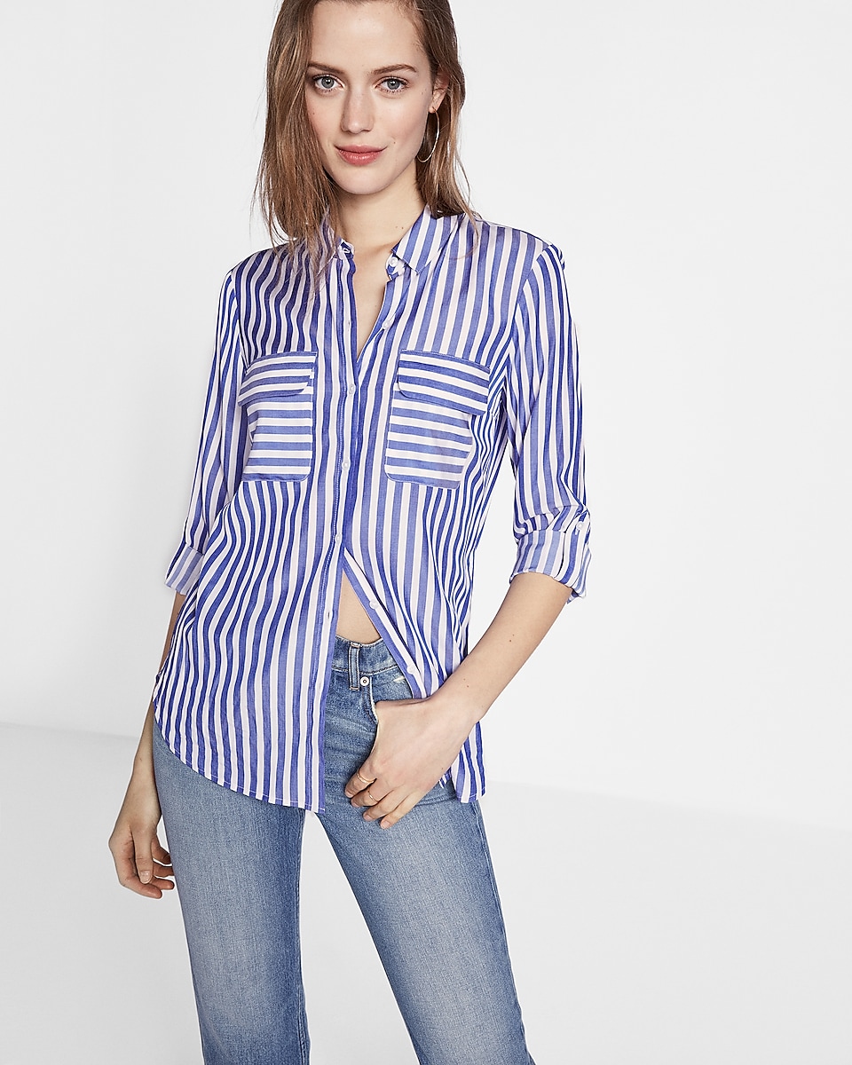 Striped Convertible Sleeve City Shirt By Express | Express