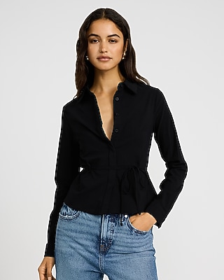 Long Sleeve Tie Waist Fitted Shirt