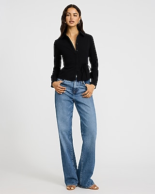 Long Sleeve Tie Waist Fitted Shirt