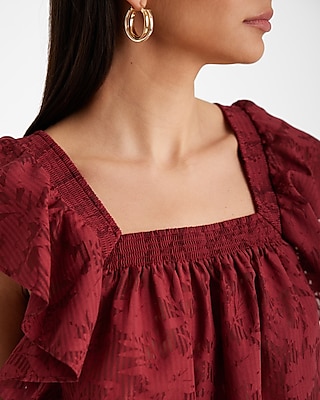 Striped Floral Square Neck Flutter Sleeve Smocked Top