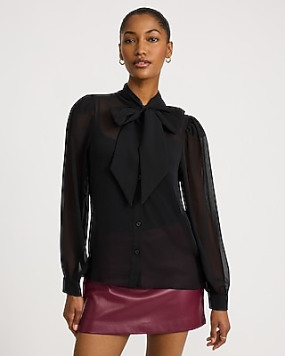 Sheer Tie Neck Long Sleeve Button Front Top