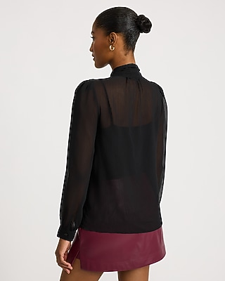 Sheer Tie Neck Long Sleeve Button Front Top