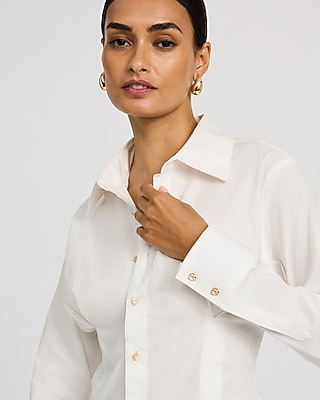Stretch Cotton Poplin Gold Button Front Hourglass Shirt