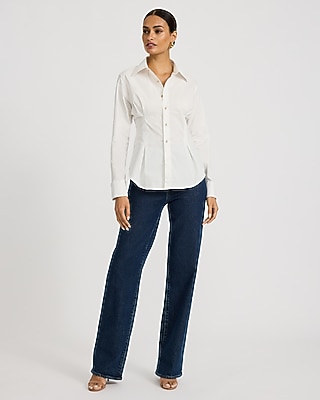 Stretch Cotton Poplin Gold Button Front Hourglass Shirt