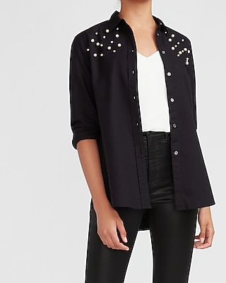pearl embellished denim shirt