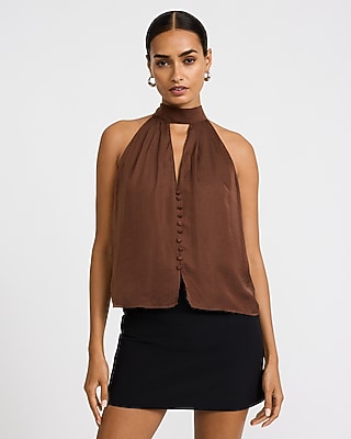 Halter Cutout Button Front Top