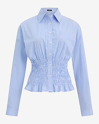 Striped Long Sleeve Smocked Shirt Stretch Cotton