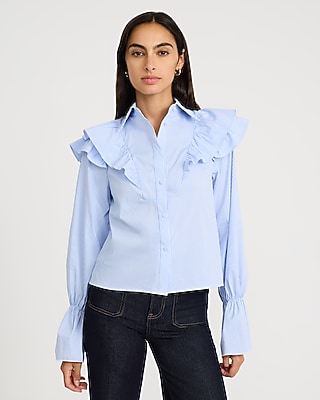 Striped Flare Sleeve Ruffle Shirt Stretch Cotton