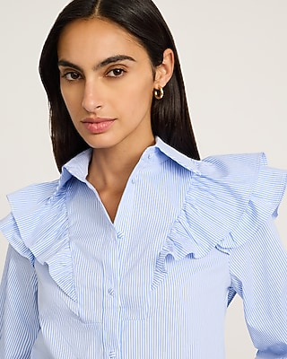 Striped Flare Sleeve Ruffle Shirt Stretch Cotton