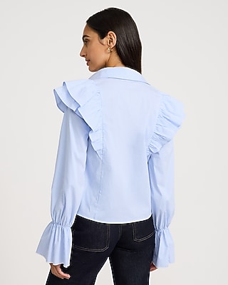 Striped Flare Sleeve Ruffle Shirt Stretch Cotton