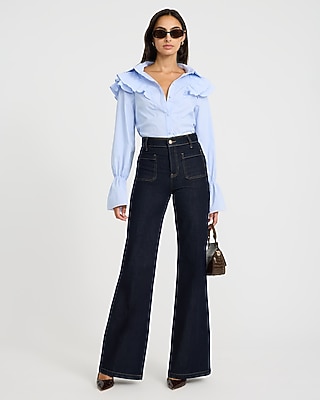 Striped Flare Sleeve Ruffle Shirt Stretch Cotton