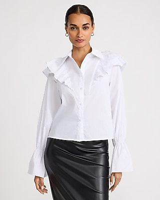 Flare Sleeve Ruffle Shirt in Stretch Cotton
