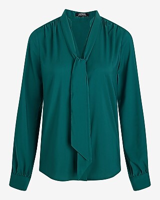 Relaxed Satin Long Sleeve Tie Neck Portofino Shirt