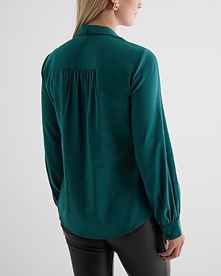 Relaxed Satin Long Sleeve Tie Neck Portofino Shirt