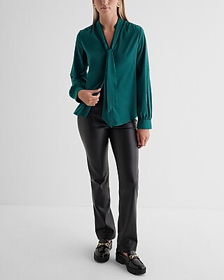 Relaxed Satin Long Sleeve Tie Neck Portofino Shirt
