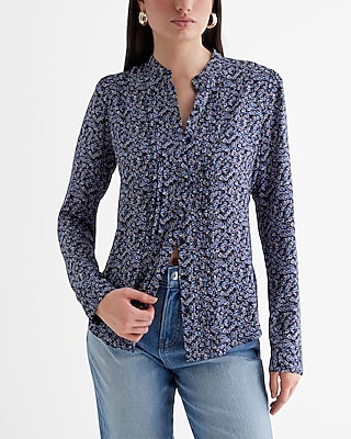 Daisy Print Long Sleeve Pleated Button Up Shirt