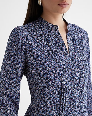 Daisy Print Long Sleeve Pleated Button Up Shirt