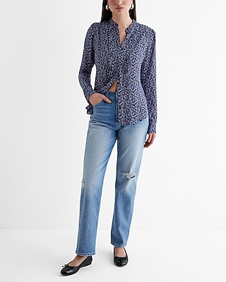 Daisy Print Long Sleeve Pleated Button Up Shirt