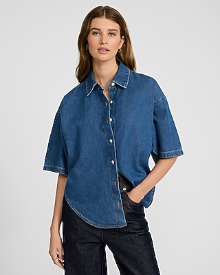 Medium Wash Denim Short Sleeve Boyfriend Shirt | Express