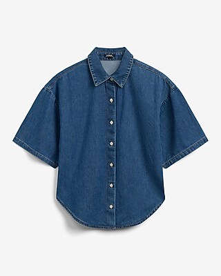 Medium Wash Denim Short Sleeve Boyfriend Shirt - image 4