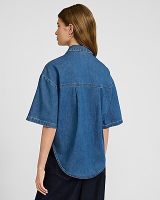 Medium Wash Denim Short Sleeve Boyfriend Shirt - image 2