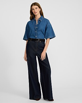 Medium Wash Denim Short Sleeve Boyfriend Shirt - image 3