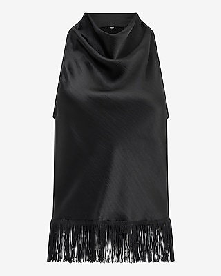 Satin Halter Cowl Neck Fringe Hem Tank