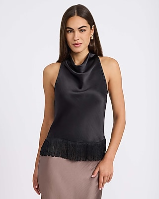 Satin Halter Cowl Neck Fringe Hem Tank