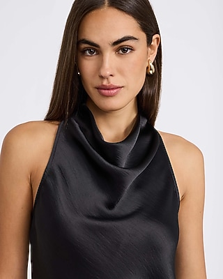 Satin Halter Cowl Neck Fringe Hem Tank