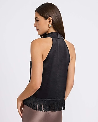 Satin Halter Cowl Neck Fringe Hem Tank