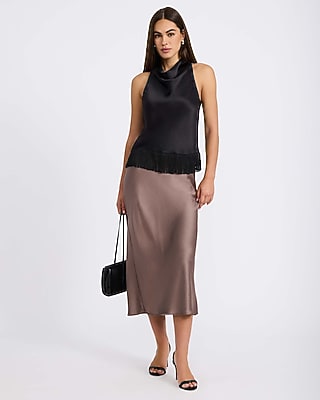 Satin Halter Cowl Neck Fringe Hem Tank