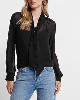 Sheer Long Sleeve Tie Neck Relaxed Portofino Shirt | Express