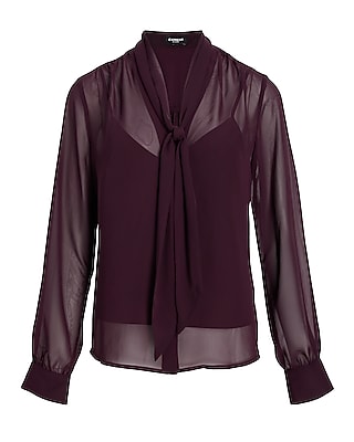 Sheer Long Sleeve Tie Neck Relaxed Portofino Shirt