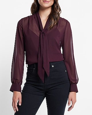 Sheer Long Sleeve Tie Neck Relaxed Portofino Shirt