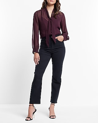 Sheer Long Sleeve Tie Neck Relaxed Portofino Shirt