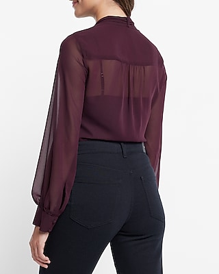 Sheer Long Sleeve Tie Neck Relaxed Portofino Shirt