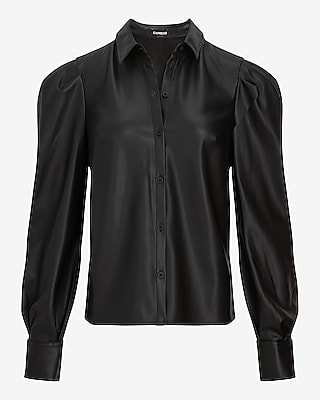 Faux Leather Puff Sleeve Button Up Shirt