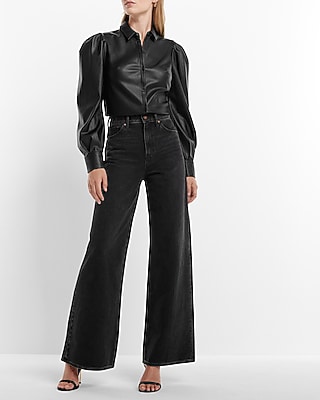 Faux Leather Puff Sleeve Button Up Shirt